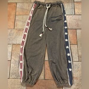 POL Stars & Stripes Mineral Wash Blue Boho Patriotic Jogger Sweatpants Size Med